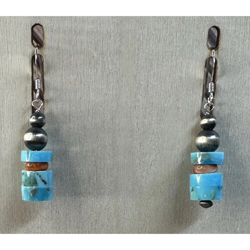Southwest Sterling Silver Turquoise Coral & Desert Pearl Beaded Dangle Earrings
